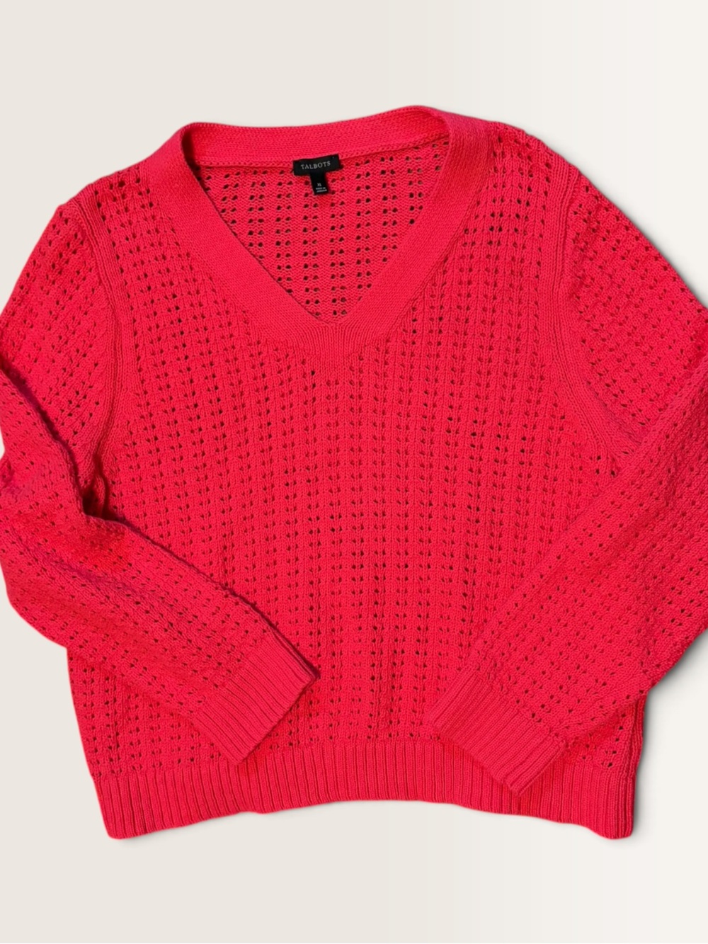 Talbots Raspberry Red Pink Pointelle V Neck Cotton Sweater XL